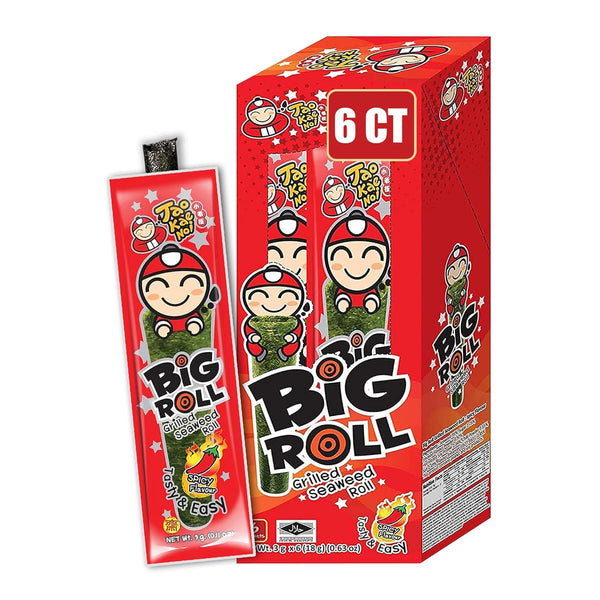 Tao Kae Noi Big Roll Grilled Seaweed Snacks, Spicy Flavor, 6 Pack, 3g Bags, Healthy Nori Rolls