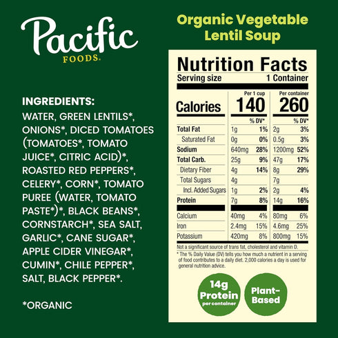 16.3 oz Pacific Foods Organic Vegetable Lentil Soup, Plant Based, Can