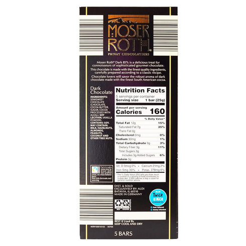 Moser Roth 85% (Pack 4) Fine Premium European Dark Chocolate Cocoa