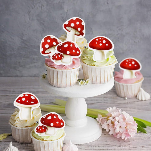 40Pcs Edible Red Mushroom Cupcake Toppers Cute Mushroom Cupcake Picks Mushrooms Drink Topper for Plant Theme Baby