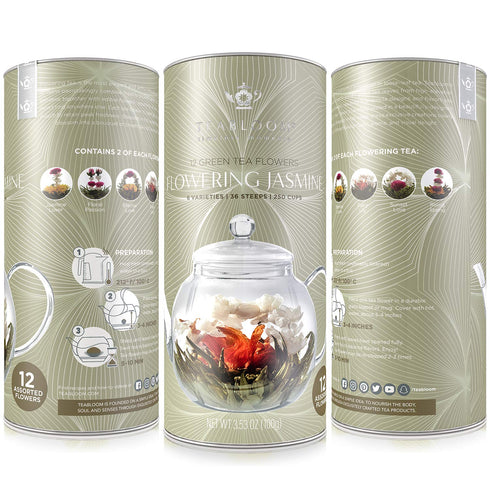 Set 12-Pack, 36 250 Teabloom Jasmine Flowering Tea Hand Tied Green Tea Leaves + Jasmine Blossoms Flowering Tea
