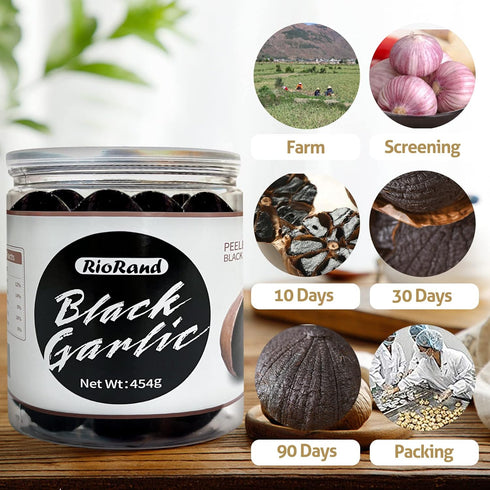 454g 90-Day 1 Lb RioRand Black Garlic Whole Peeled, Aged Jar, No Added Preservatives, Ready to Eat