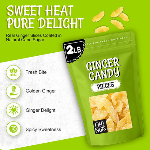2 lb Packed Oh! Nuts Ginger Candy - - Dried Fruit Slices - with Crystallized Sugar Candied Coating - Dehydrated Fruit