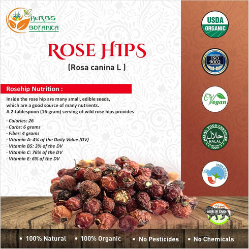 Herbs Botanica Rosehips Dried Organic Rose Hip Herbal Tea, 5.30oz Resealable Kraft Bag
