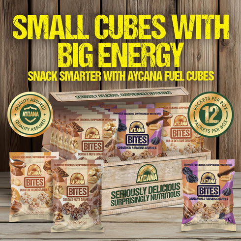 Pack, 12 Aycana Fuel Cubes Selection Box Granola Bites Cocoa & Nuts, Dulce de Leche, Cinnamon & Raisins Gluten-Free