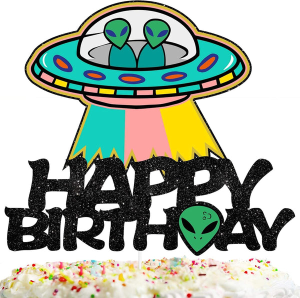 ET Happy Birthday Cake Topper Decorations with UFO, Alien Theme Picks for Kids Party Decor