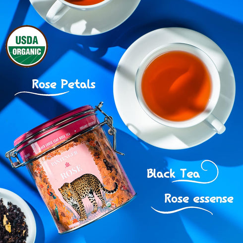 Rose Tea Bags, 20 XL Pyramid Sachets, Organic Moroccan Rose Petals and Ceylon OP Black Tea Blend