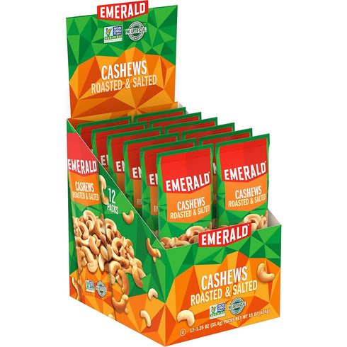 12 (1-Pack), 1.25 Oz Emerald Nuts Roasted & Salted Cashews Ct Individual Snack Tubes, Plant-Based Protein, Kosher