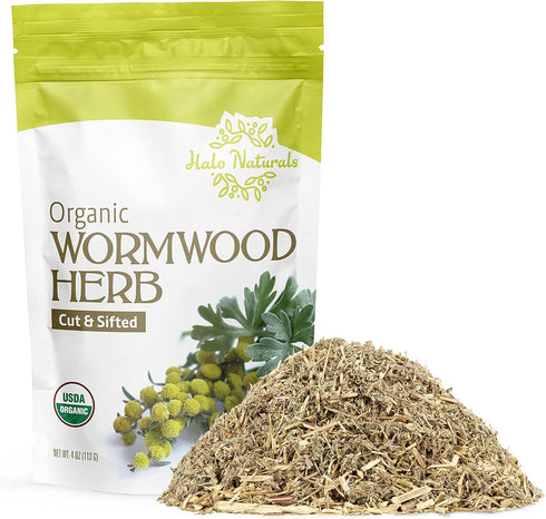 Halo Naturals Organic Wormwood Herb Cut & Sifted, 4 Ounces (Artemisia Absinthium) USDA Certified