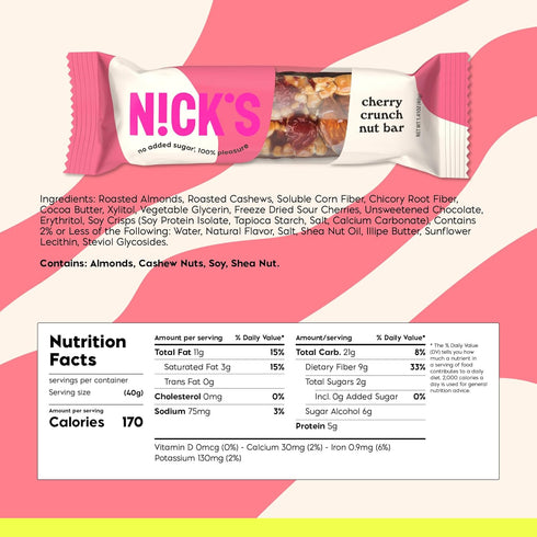 2g 5g (pack 12) 40.0 NICKS Keto Nut Bar Cherry Cashew Almond Chocolate, Keto Snack with Sugar & Net Carbs Low Carb