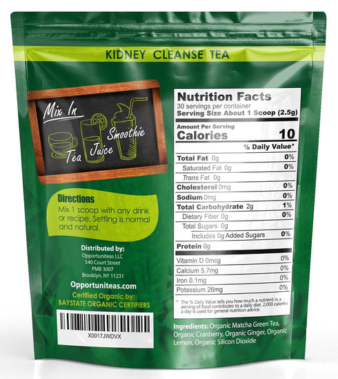 Opportuniteas Organic Kidney Cleanse Detox & Repair Tea, 30 Servings, Matcha Green Tea, Cranberry, Lemon & Ginger