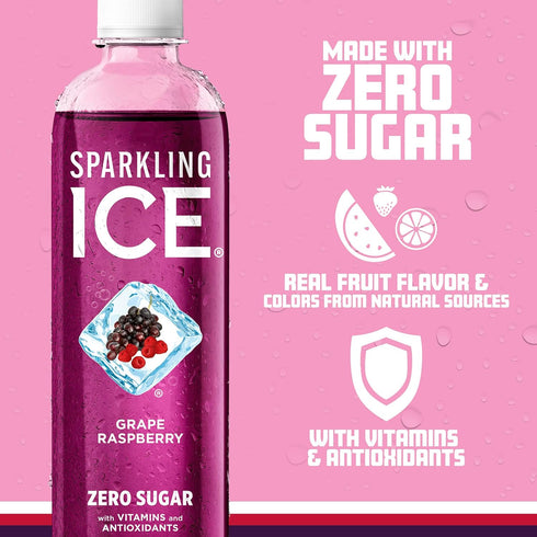 17 oz (Pack 12) Sparkling Ice, Grape Raspberry Sparkling Water, Zero Sugar Flavored Water, with Vitamins