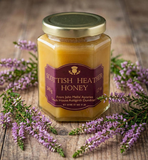 John Mellis Apiaries 12 Scottish Ling Heather Honey, Ounce Jar