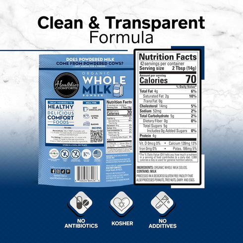 (1.31lb) Healthier Comforts Organic Whole Milk Powder | USDA Organic Dried Milk | Non-GMO, Gluten Free, Kosher