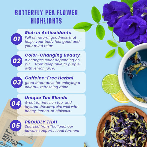 3.53 oz (100g) KHWAN'S TEA Organic Dried Butterfly Pea Flowers Blue Tea Clitoria Ternatea Flower Herbal Tea, Caffeine
