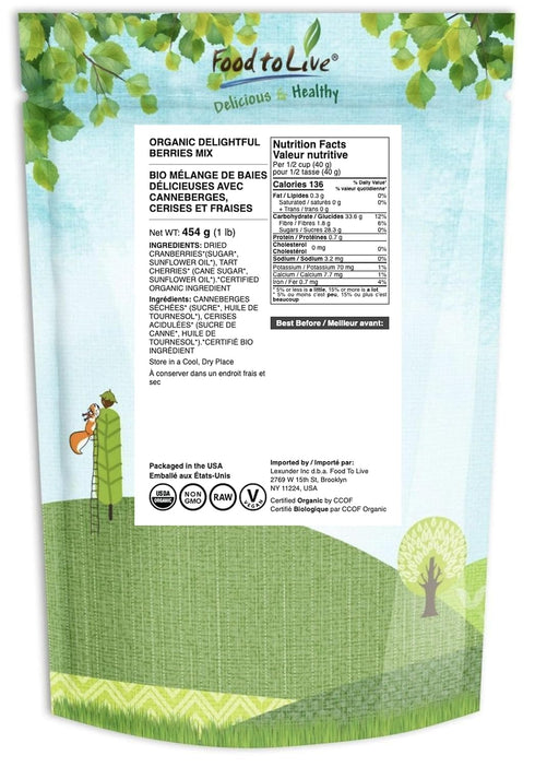 1 Food to Live - Organic Delightful Berries Mix, Pound - A Blend of Non-GMO Dried Cherries & Cranberries. Gently