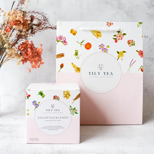 5 10 Tily Tea Assorted Herbal Tea Box - Flavors of Caffeine-Free Tea - Morning Shine, Through the Day, Evening Calm
