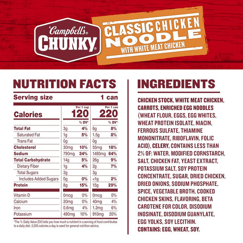 16.1 Oz 8) Campbells Chunky Soup, Classic Chicken Noodle Soup, Can (Case