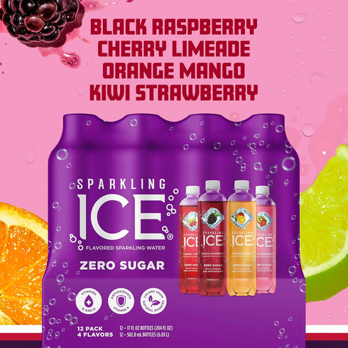 Pack, 17 oz, 12 count Sparkling Ice Purple Variety Flavored Water, Zero Sugar, with Vitamins and Antioxidants, fl