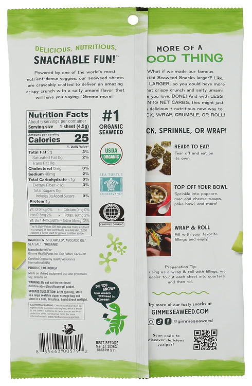 Gimme 0.92 Oz Organic Avocado Oil Sea Salt Roasted Seaweed