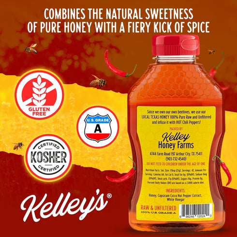 24 Oz 100% Kelley's Hot Honey, Unfiltered Raw Honey Infused with Chili Pepper Rich Flavor for BBQ, Fried Chicken