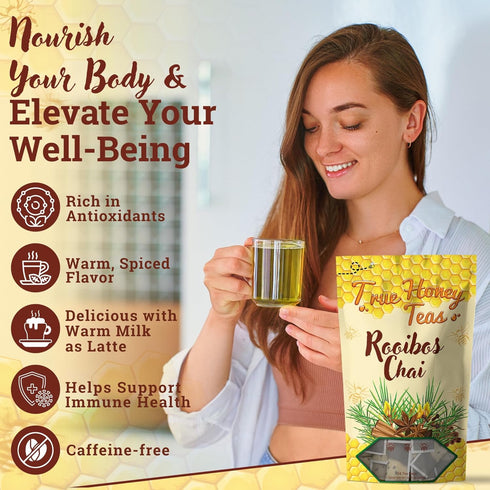 24 Count True Honey Rooibos Chai Tea Bags - Providing Herbal Wellness - All Natural Organic Rooibos, Cinnamon, Clove