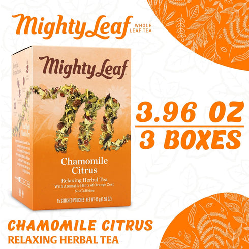 Mighty Leaf Chamomile Citrus Herbal Tea, 45 Count, 3 Packs of 15 Whole Leaf Pyramid Bags