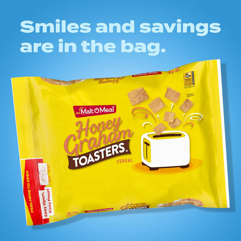 32 OZ Malt-O-Meal Honey Graham Toasters Breakfast Cereal, Honey Graham Squares, Super-Size Bagged Cereal, Resealable