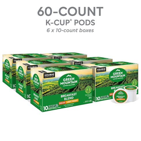 60 Count, (6 Packs 10) Green Mountain Coffee Roasters Breakfast Blend Decaf, Keurig Single Serve K-Cup Pods, Light