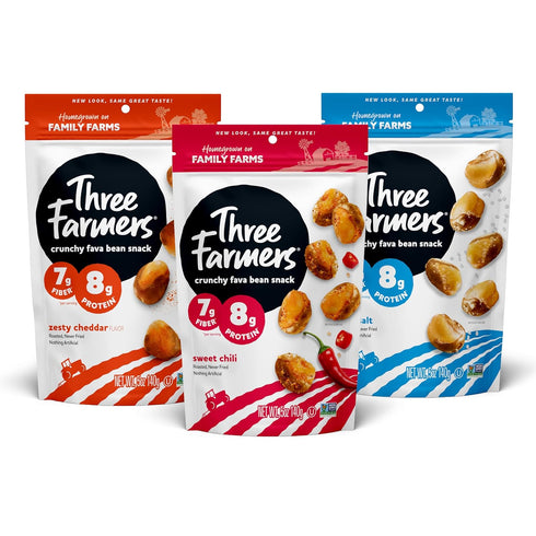 Three Farmers Roasted Fava Beans Variety Pack | Zesty Cheddar, Sweet Chili