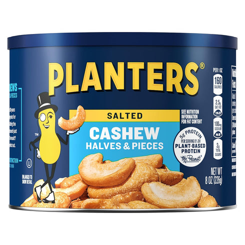 PLANTERS Salted Cashew Halves & Pieces, Party Snacks, Plant-Based Protein 8oz (1