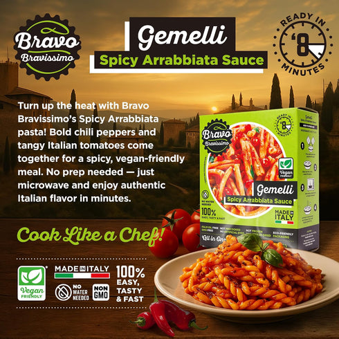 14.64 oz, 6 Pack Bravo Bravissimo Gemelli Italian Pasta Meal - Gourmet, Vegan-Friendly, Spicy Arrabbiata Sauce Flavor
