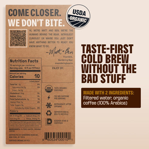 100% 16 6fl.oz 96fl.oz Wandering Bear Straight Black Organic Cold Brew Coffee On Tap, Iced Coffee Drink - Extra Strong