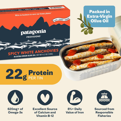 22g 4.2 (Pack 5) Patagonia Provisions Spicy White Anchovies | Responsibly Sourced in Spain | Protein & Gluten Free |