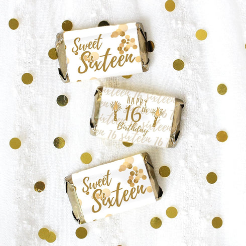 White and Gold Sweet 16 Birthday Party Mini Chocolate Candy Bar Wrappers - 42 Stickers for Sixteen 16th Party Favor