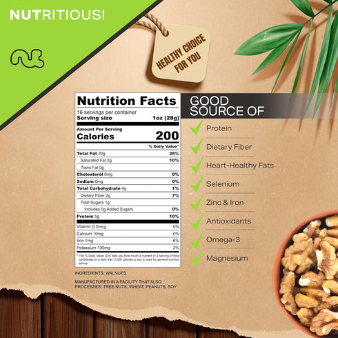 (16oz 1 LB) Packed NUT CRAVINGS - Raw Walnuts Halves & Pieces, Unsalted, Shelled, - Fresh in Resealable Bag - Kosher
