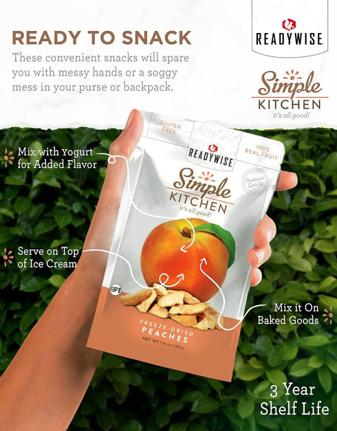 1.16 oz, Pack 6, Backpacking, READYWISE - Simple Kitchen, Freeze-Dried Peaches, of Vegetarian, Gluten Free, Snacks