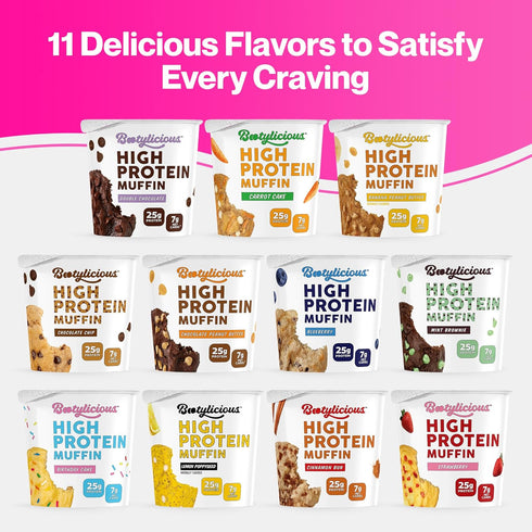 25g 16g 2.54oz 12-Pack Bootylicious | Protein Muffin | Birthday Cake | Low Carb, Fiber, Low Glycimic Index, Low Sugar