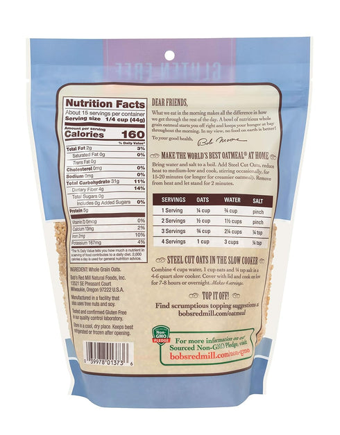 24oz (Pack 4) Bob's Red Mill Gluten Free Steel Cut Oats, of - Gluten Free, Non GMO, Whole Grain, Vegan, Kosher