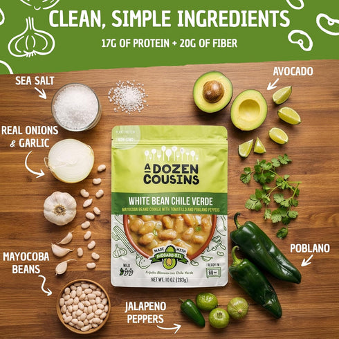 Dozen 6pk, A Cousins Vegan White Bean Chile Verde Seasoned Healthy Microwave Beans in Avocado Oil, Ready to Eat