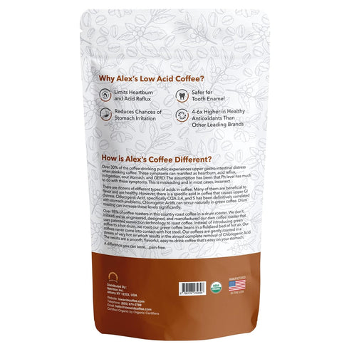 Alex's Low Acid Organic Coffee, 12oz Bag, Fresh Ground French Roast