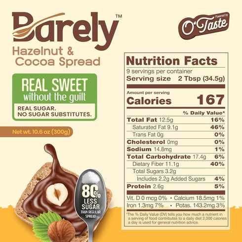 3.2 (2-Pack) Hazelnut & Cocoa Spread by Barely, Low Sugar & No Artificial Sweeteners, Vegan, Keto Friendly, Delicious