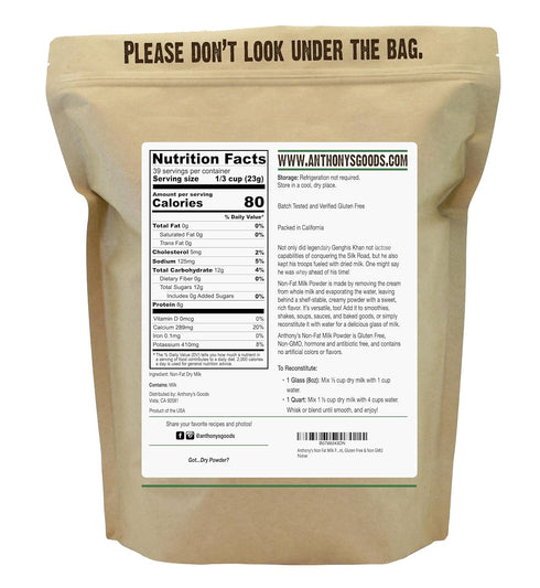 2 lb, Anthony's Non Fat Milk Powder, Instant, Gluten Free & Non GMO