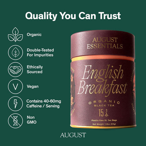 15 (1.8oz) August Essentials English Breakfast Black Tea Handcrafted Organic Black Tea for Daily Enjoyment Morning