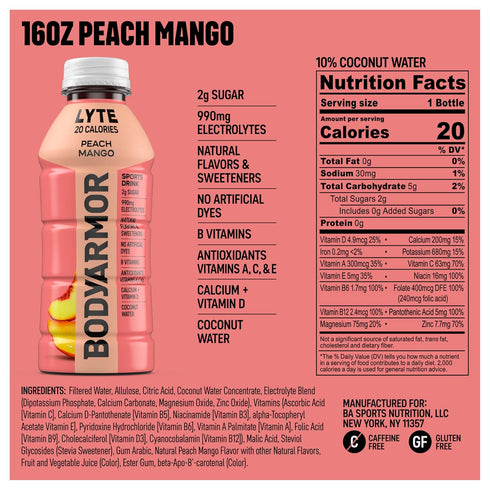Potassium-Packed 16 Oz (Pack 12) BODYARMOR LYTE Sports Drink Low-Calorie Sports Beverage, Peach Mango, Coconut Water