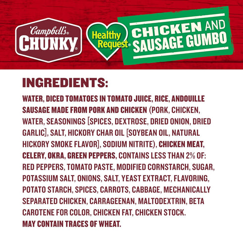 18.8 oz 12) Campbells Chunky Soup, Healthy Request Chicken and Sausage Gumbo, Can (Case
