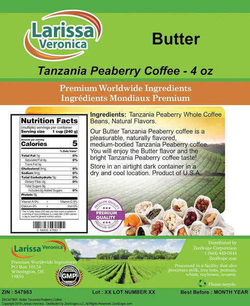 Larissa Veronica (4 oz, 547983) 3 Pack Butter Tanzania Peaberry Coffee (Gourmet, Naturally Flavored, Whole Coffee