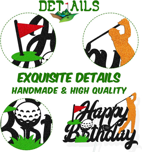 Golf Birthday Cake Topper, Happy Birthday Sign for Sport Themed Party Decorations, Black Glitter Décor