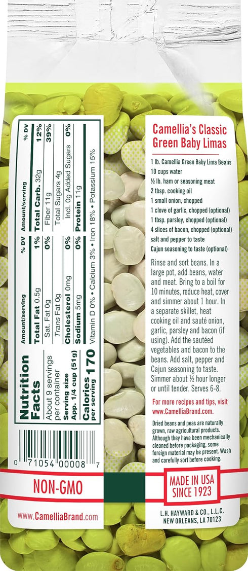 1 (Pack 2) Camellia Brand Dried Green Baby Lima Beans Premium Tender Southern Lima Beans for Succotash, Soups, Stews