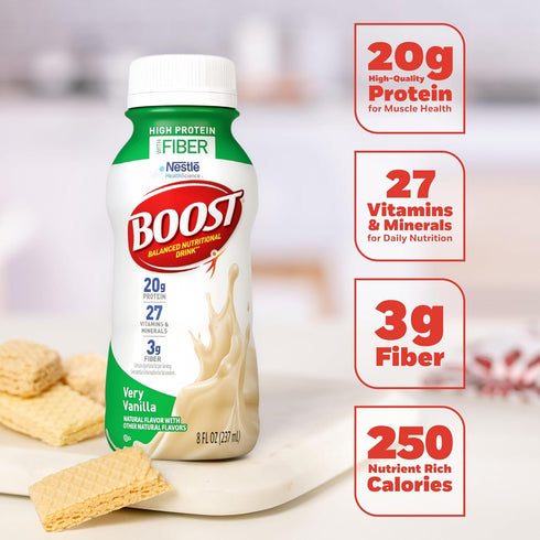 8 oz 24 Pack BOOST High Protein with Fiber Ready to Drink Complete Nutritional Drink, Very Vanilla, fl Bottle